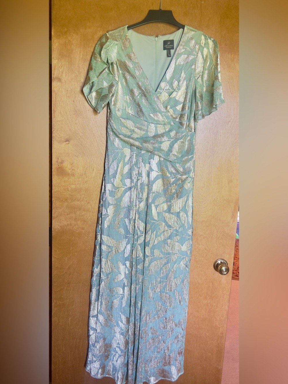 Metallic Leaf-Print Mint Maxi Wrap Dress